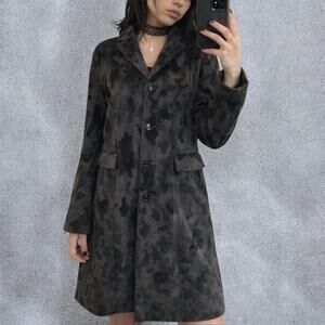 Vintage Y2K Mudd Black Animal Print Velour Coat Faux Leather Trim Size Medium